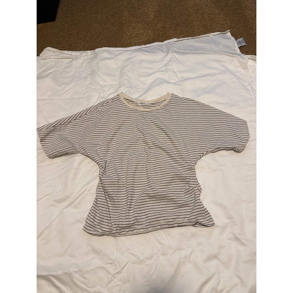 Active USA Womens Large Cream Black Striped Dolman Short Sleeve T-Shirt Top